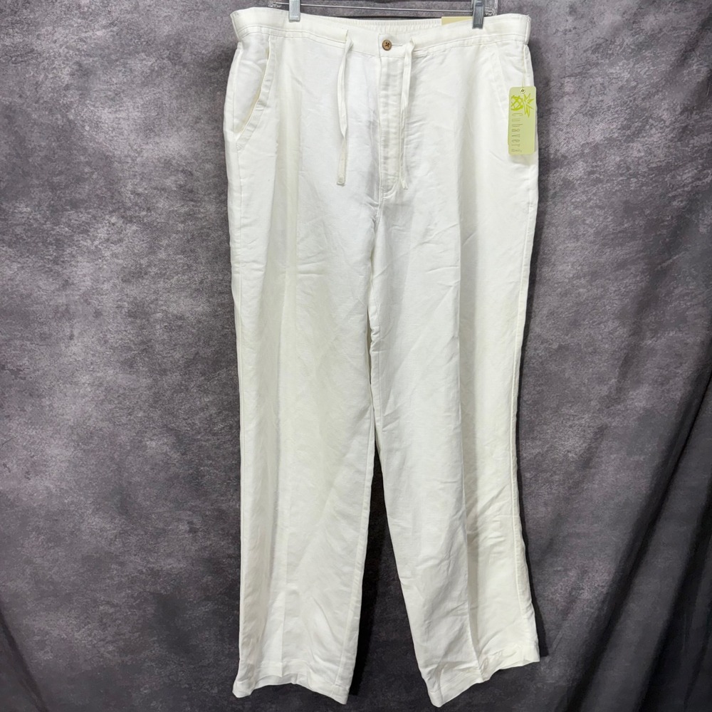 Cubavera White Linen Blend Pants Mens XL Drawstring Straight Leg Vacation